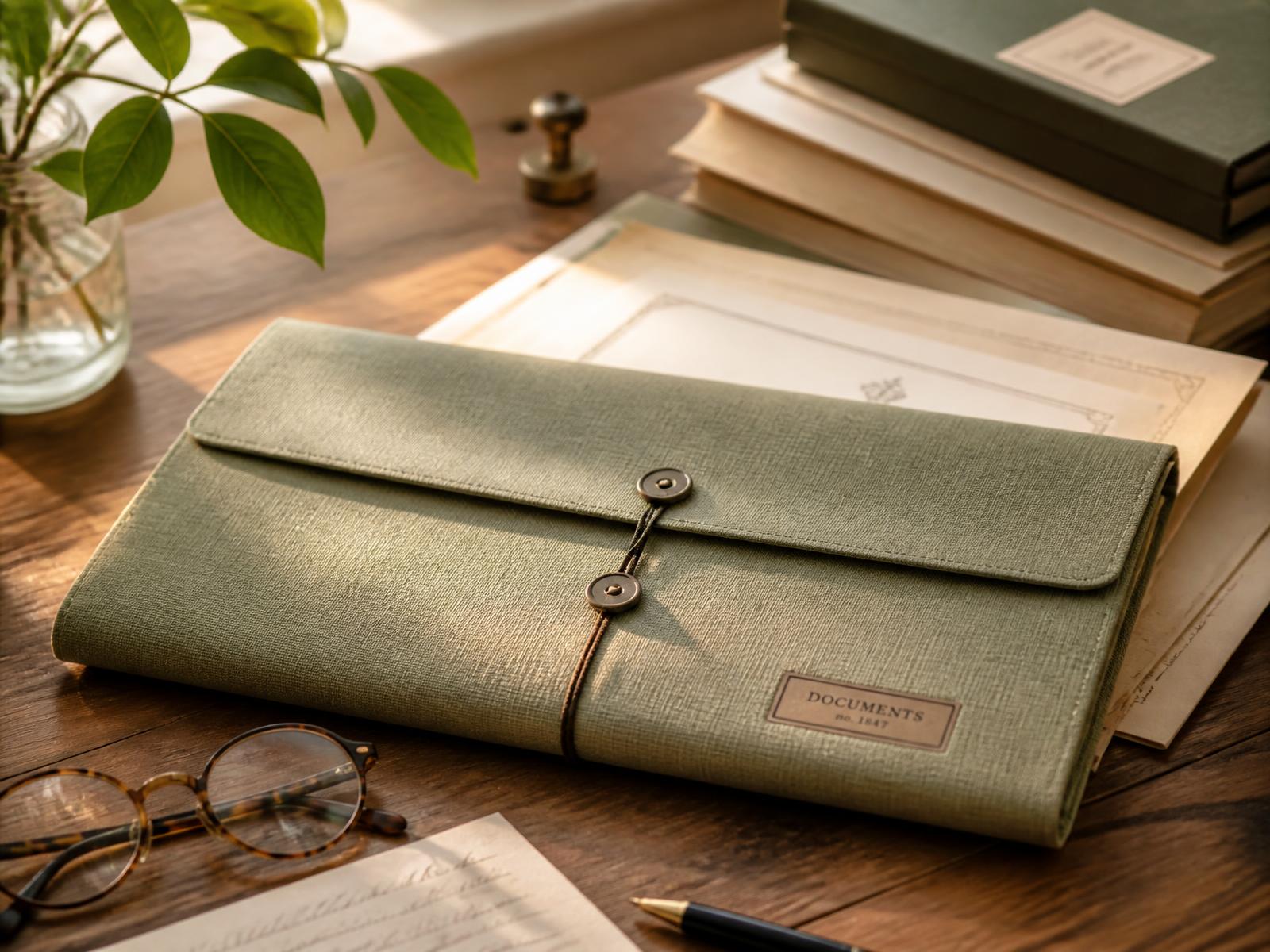 A linen document folder, files and reading glasses arranged on a sunlit desk